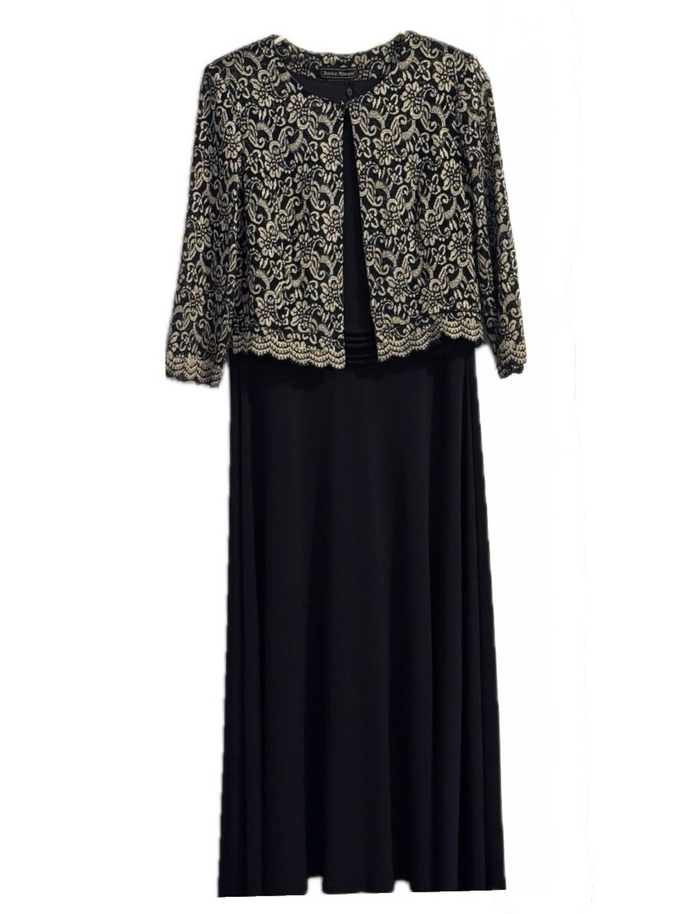 Jessica Howard 2pc Lace Jacket & Maxi Dress Set Navy Gold/Silver Tones Size 12